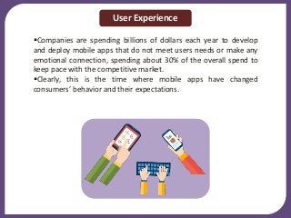 Companies are spending billions of dollars each year to develop
and deploy mobile apps that do not meet users needs or make any
emotional connection, spending about 30% of the overall spend to
keep pace with the competitive market.
Clearly, this is the time where mobile apps have changed
consumers’ behavior and their expectations.
User Experience
 