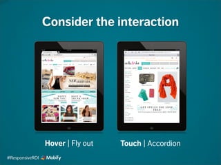 Consider the interaction
Hover | Fly out Touch | Accordion
#ResponsiveROI
 