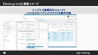 『Mobingi ALM』 画面イメージ
7
シンプルで直感的なWeb UIで
AWSなどのパブリッククラウドを操作可能
 