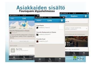 Asiakkaiden sisältö
Mobiilimarkkinointi Koivu Interactive
Foursquare älypuhelimessa
26.3.2014
22
 
