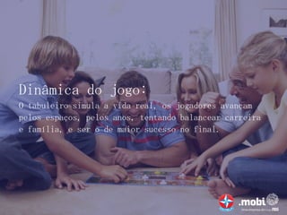 Dinâmica do jogo:
O tabuleiro simula a vida real, os jogadores avançam
pelos espaços, pelos anos, tentando balancear carreira
e família, e ser o de maior sucesso no final.
 