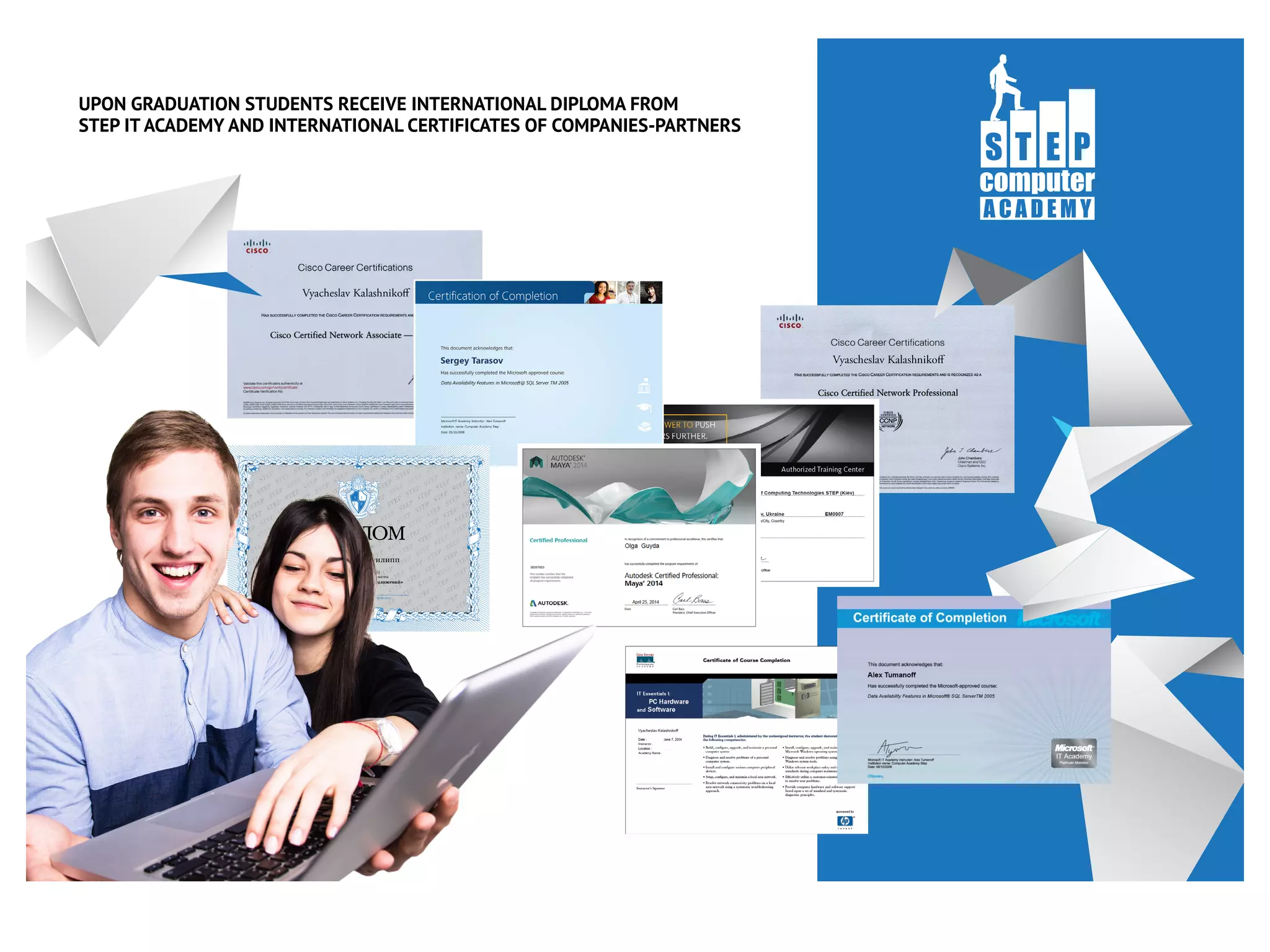 XYZ-000001
Огуречников Филипп
ДИРЕКТОР КОМПЬЮТЕРНОЙ АКАДЕМИИ ШАГ
С 20.01.2014 по 25.06.2015
Прошел обучение по специальности
«Разработка мобильных приложений»
АСТАНА 2015 г
ДИПЛОМ
UPON GRADUATION STUDENTS RECEIVE INTERNATIONAL DIPLOMA FROM
STEP IT ACADEMY AND INTERNATIONAL CERTIFICATES OF COMPANIES-PARTNERS
 