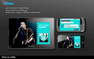 vision
    apps: the return of single tasking
    every project has a mobile part
    develop once - deploy on different mobile devices




Vision on mobile
 