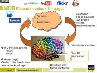 Réseaux sociaux & nuages
                                                                            •Recherche
                                      Données                               •Fils de nouvelles
                                      &                                     •Syndication
                                      Traitements                           •Filtrage
                                                                            •Recommandation




                                                                         Visualisations variées
•Self Generated content
     •Blogs
     •Wikis                                                              Identité
                                                                         numérique
•Balisage (tags)
•Gestion collective de liens
 (social bookmarking)                               Brouillage entre
                                                    formel et informel
     page 3    Développement sur mobiles
 