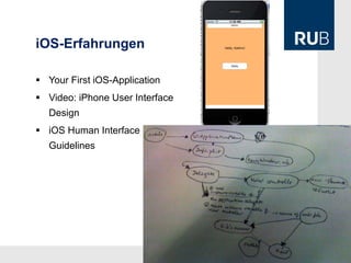 iOS-Erfahrungen

 Your First iOS-Application
 Video: iPhone User Interface
  Design
 iOS Human Interface
  Guidelines
 