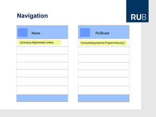 Navigation

         News                             RUBcast

 eCampus Afghanistan online   Computerlinguistische Programmierung 2
 