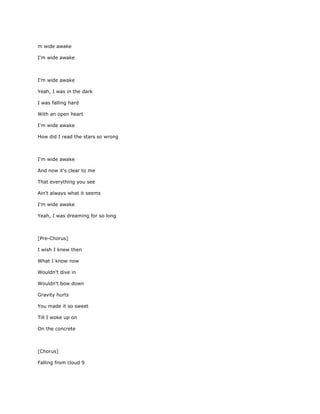 m wide awake

I'm wide awake



I'm wide awake

Yeah, I was in the dark

I was falling hard

With an open heart

I'm wide awake

How did I read the stars so wrong



I'm wide awake

And now it's clear to me

That everything you see

Ain't always what it seems

I'm wide awake

Yeah, I was dreaming for so long



[Pre-Chorus]

I wish I knew then

What I know now

Wouldn't dive in

Wouldn't bow down

Gravity hurts

You made it so sweet

Till I woke up on

On the concrete



[Chorus]

Falling from cloud 9
 