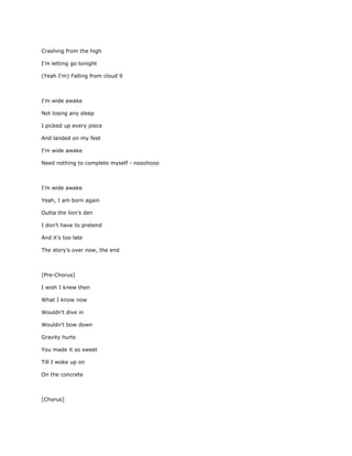 Crashing from the high

I'm letting go tonight

(Yeah I'm) Falling from cloud 9



I'm wide awake

Not losing any sleep

I picked up every piece

And landed on my feet

I'm wide awake

Need nothing to complete myself - nooohooo



I'm wide awake

Yeah, I am born again

Outta the lion's den

I don't have to pretend

And it's too late

The story's over now, the end



[Pre-Chorus]

I wish I knew then

What I know now

Wouldn't dive in

Wouldn't bow down

Gravity hurts

You made it so sweet

Till I woke up on

On the concrete



[Chorus]
 