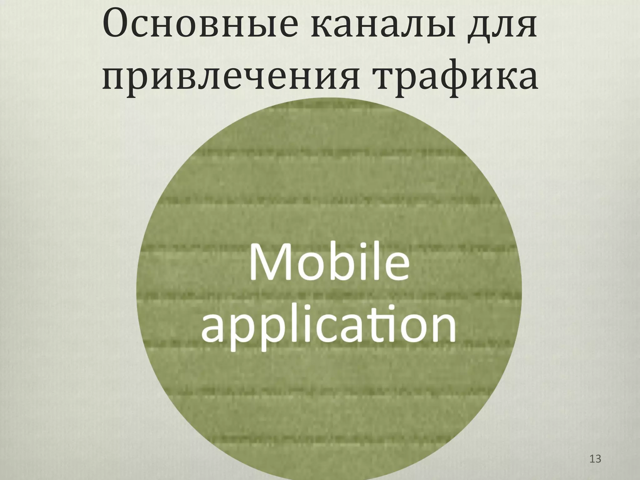 Основные каналы для
привлечения трафика




                      13
 