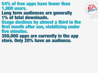54% of free apps have fewer than
1,000 users.
Long term audiences are generally
1% of total downloads.
Usage declines by almost a third in the
ﬁrst month after use, stabilizing under
ﬁve minutes.
350,000 apps are currently in the app
store. Only 20% have an audience.

 