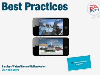 Best Practices

Barcleys Waterslide and Rollercoaster
26.7 mio users

r
are good fo
TIP: Games
acquisition

 
