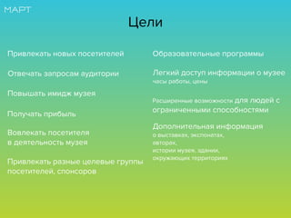 Расширенные возможности для людей с
ограниченными способностями
Дополнительная информация
о выставках, экспонатах,
авторах,
истории музея, здании,
окружающих территориях
Привлекать разные целевые группы
посетителей, спонсоров
Образовательные программы
Вовлекать посетителя
в деятельность музея
Повышать имидж музея
Легкий доступ информации о музее
часы работы, цены
Отвечать запросам аудитории
Получать прибыль
Привлекать новых посетителей
Цели
 
