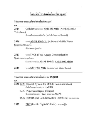 1
โครงขายโทรศัพทเคลื่อนที่เซลลูลาร
วิวัฒนาการ ของระบบโทรศัพทเคลื่อนที่เซลลูลาร
พ.ศ.
2524 Cellular ระบบแรกคือ NMT450 MHz (Nordic Mobile
Telephone)
ประเทศในแถบสแกนดิเนเวีย (นอรเวย สวีเดน และฟนแลนด)
2526 ระบบ AMPS 800 MHz (Advance Mobile Phone
System) ไดกําเนิดขึ้น
ที่ประเทศสหรัฐอเมริกา
2527 ระบบ TACS (Total Access Communication
System) ประเทศอังกฤษ
(ดัดแปลงจากระบบ AMPS 800 เปน AMPS 900 MHz)
2529 ระบบ NMT 900 MHz ประเทศนอรเวย, สวีเดน, ฟนแลนด
วิวัฒนาการ ของระบบโทรศัพทเคลื่อนที่ระบบ Digital
พ.ศ.
2530 GSM (Global System for Mobile Communication)
เกิดขึ้นในกลุมประเทศยุโรป (MoU)
ADC (American Digital Cellular)
ประเทศสหรัฐอเมริกา พัฒนา จากระบบ AMPS
DCS 1800 (Digital Cellular System 1800 MHz) ประเทศอังกฤษ
2537 PDC (Pacific Digital Cellular) ประเทศญี่ปุน
 