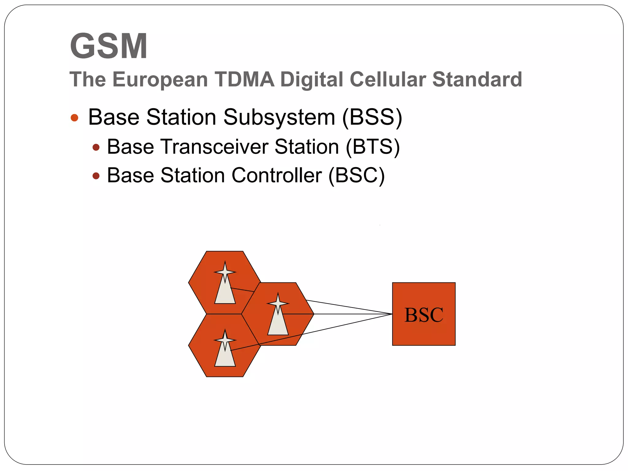 GSM
The European TDMA Digital Cellular Standard
 Base Station Subsystem (BSS)
 Base Transceiver Station (BTS)
 Base Station Controller (BSC)
BSC
 