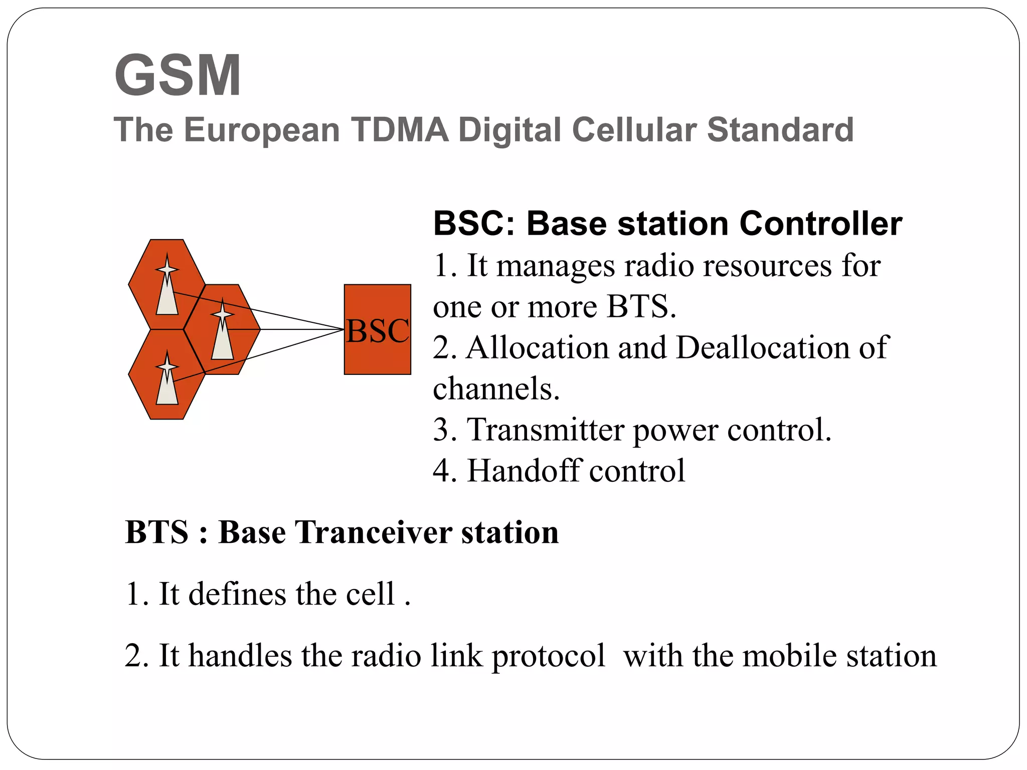 GSM
The European TDMA Digital Cellular Standard
BSC
BSC: Base station Controller
1. It manages radio resources for
one or more BTS.
2. Allocation and Deallocation of
channels.
3. Transmitter power control.
4. Handoff control
BTS : Base Tranceiver station
1. It defines the cell .
2. It handles the radio link protocol with the mobile station
 