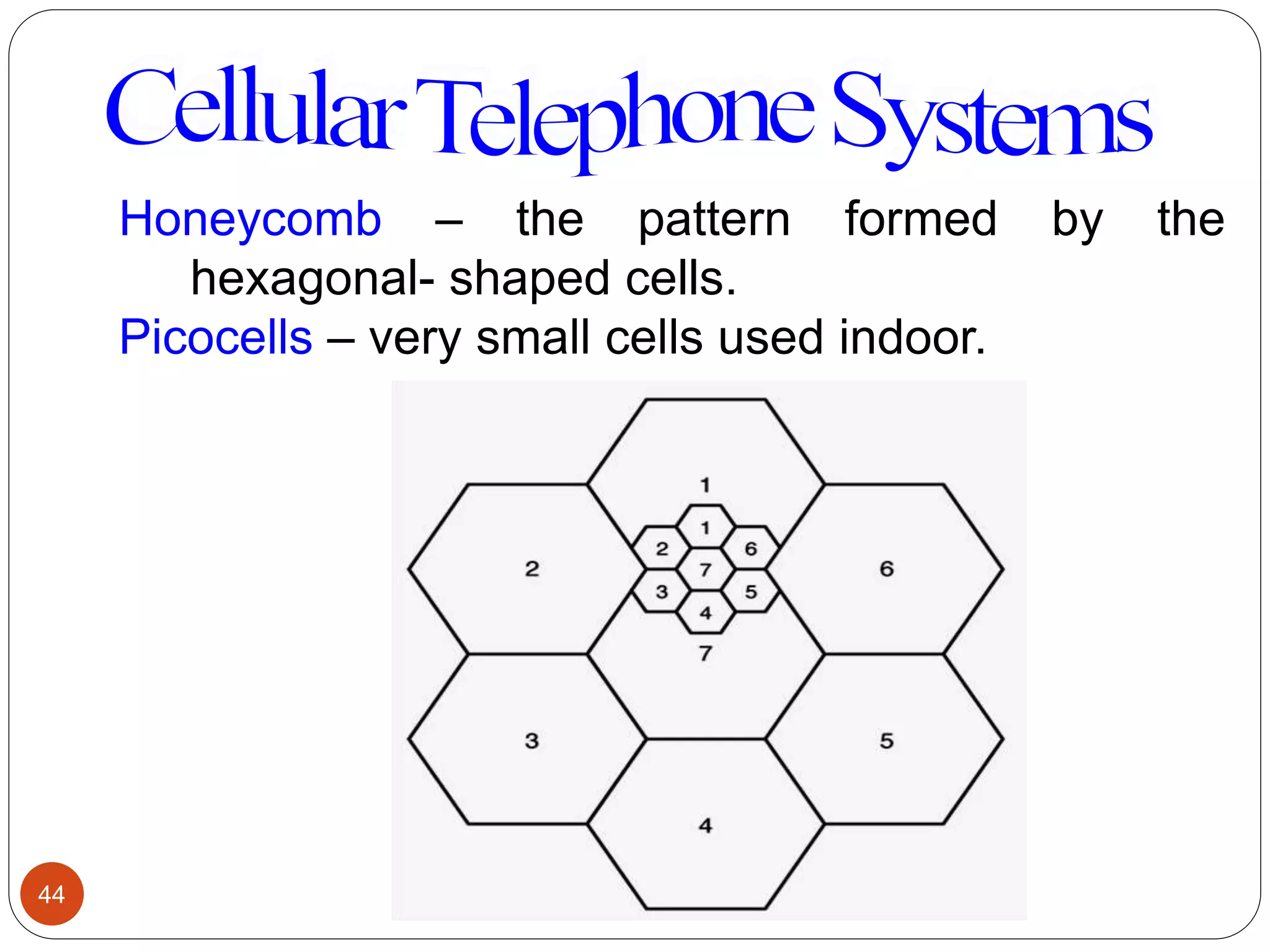 44
Honeycomb – the pattern formed by the
hexagonal- shaped cells.
Picocells – very small cells used indoor.
 