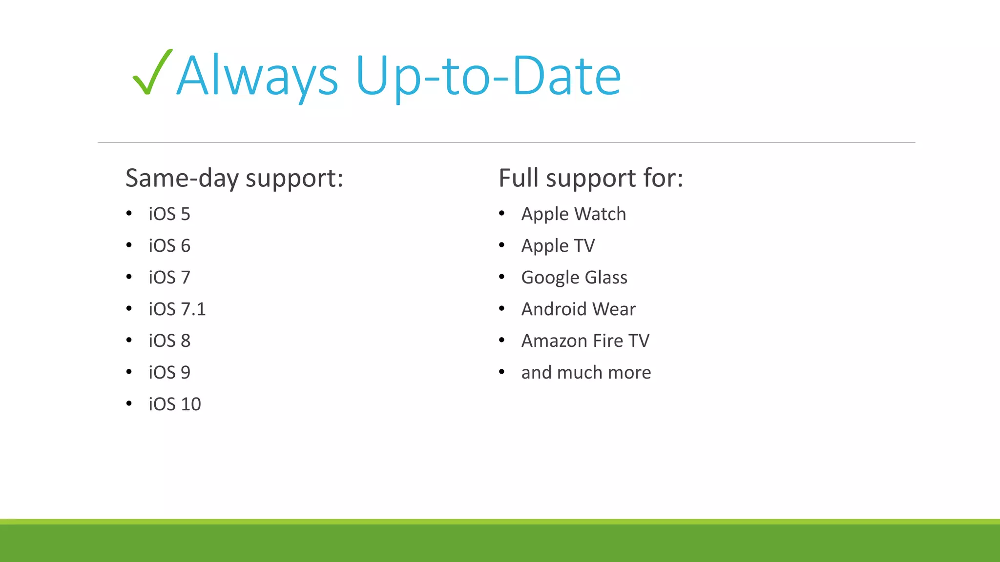 ✓Always Up-to-Date
Same-day support:
• iOS 5
• iOS 6
• iOS 7
• iOS 7.1
• iOS 8
• iOS 9
• iOS 10
Full support for:
• Apple Watch
• Apple TV
• Google Glass
• Android Wear
• Amazon Fire TV
• and much more
 