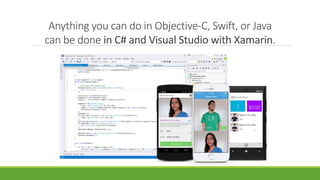 Anything you can do in Objective-C, Swift, or Java
can be done in C# and Visual Studio with Xamarin.
 