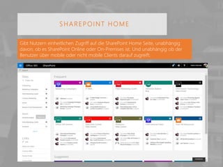 Gibt Nutzern einheitlichen Zugriff auf die SharePoint Home Seite, unabhängig
davon, ob es SharePoint Online oder On-Premises ist. Und unabhängig ob der
Benutzer über mobile oder nicht mobile Clients darauf zugreift.
SHAREPOINT HOME
 