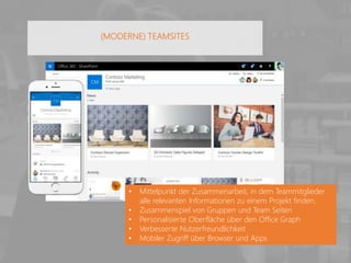 (MODERNE) TEAMSITES
• Mittelpunkt der Zusammenarbeit, in dem Teammitglieder
alle relevanten Informationen zu einem Projekt finden.
• Zusammenspiel von Gruppen und Team Seiten
• Personalisierte Oberfläche über den Office Graph
• Verbesserte Nutzerfreundlichkeit
• Mobiler Zugriff über Browser und Apps
 
