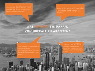 WAS HINDERT SIE DARAN,
VON ÜBERALL ZU ARBEITEN?
„Ich muss vor dem Termin noch
schnell ins Büro, mir die neusten
Informationen herunterladen.”
„Sorry, da hatte ich wohl die falsche
Dokumentenversion
weiterbearbeitet. Kannst Du mir die
aktuelle Version per E-Mail
senden?”
„Sie ist im Homeoffice
und kann Anrufe deshalb
heute nicht entgegennehmen.
Probieren Sie es am besten per
E-Mail.”
„Ich bin unterwegs und kann das
Dokument nicht öffnen und
freigeben.“
 