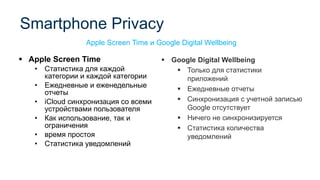 ▪ Apple Screen Time
• Статистика для каждой
категории и каждой категории
• Ежедневные и еженедельные
отчеты
• iCloud синхронизация со всеми
устройствами пользователя
• Как использование, так и
ограничения
• время простоя
• Статистика уведомлений
Smartphone Privacy
Apple Screen Time и Google Digital Wellbeing
▪ Google Digital Wellbeing
▪ Только для статистики
приложений
▪ Ежедневные отчеты
▪ Синхронизация с учетной записью
Google отсутствует
▪ Ничего не синхронизируется
▪ Статистика количества
уведомлений
 