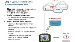 ▪ Сбор местоположения, контактов,
шаблонов использования
телефона и многое другое
▪ Чтобы служить вам лучше:
▪ Вы действительно считали, что игра
свободная и бесплатная?
▪ Чтобы продать свои данные:
▪ Несколько брокеров покупают такие
данные
▪ Данные о местоположении, собранные
повсюду
▪ Включая сети Wi-Fi и обратный поиск
BSSID
▪ Даже IP-адрес, используемый в
качестве источника данных
местоположения
Сбор геоданных приложениями
сторонних производителей
 