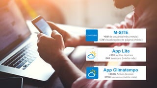 M-SITE
+8M de usuários/mês (média)
53M visualizações de página (média)
App Lite
+90K Active devices
84K sessions (média mês)
App Climatempo
+880K Active devices
870K sessions (média mês)
 