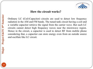 How the circuit works?
Ordinary LC (Coil-Capacitor) circuits are used to detect low frequency
radiation in the AM and FM bands. The tuned tank circuit having a coil and
a variable capacitor retrieve the signal from the carrier wave. But such LC
circuits cannot detect high frequency waves near the microwave region.
Hence in the circuit, a capacitor is used to detect RF from mobile phone
considering that, a capacitor can store energy even from an outside source
and oscillate like LC circuit.

17

 