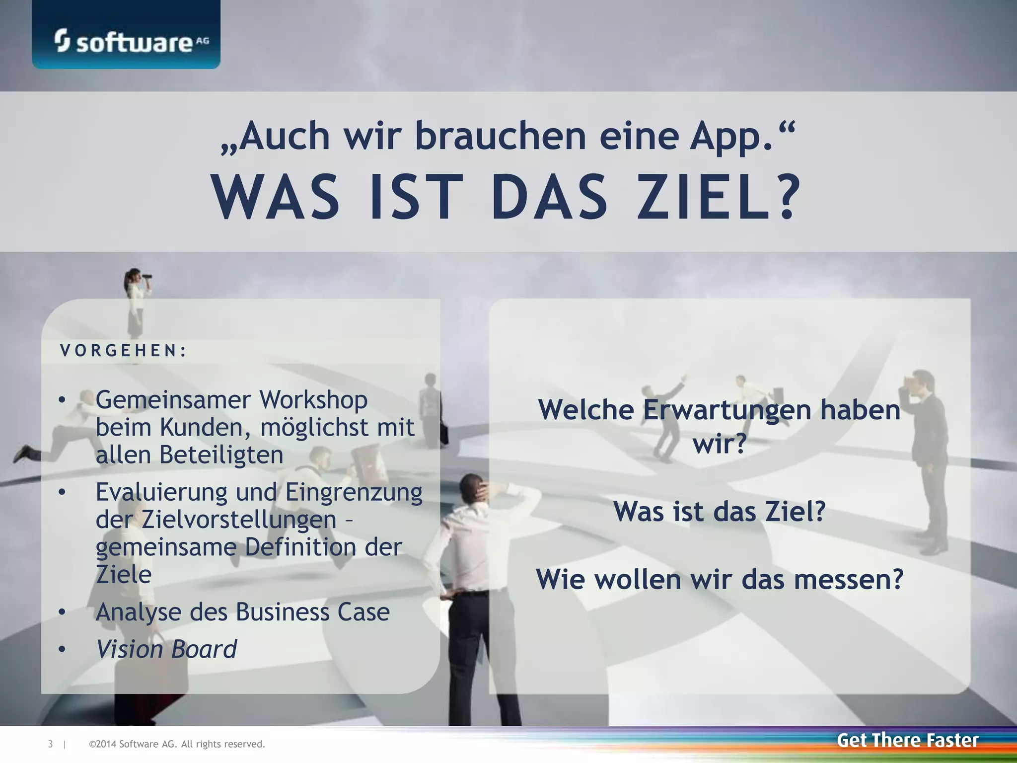 ©2014 Software AG. All rights reserved.3 |
Welche Erwartungen haben
wir?
Was ist das Ziel?
Wie wollen wir das messen?
„Auch wir brauchen eine App.“
WAS IST DAS ZIEL?
• Gemeinsamer Workshop
beim Kunden, möglichst mit
allen Beteiligten
• Evaluierung und Eingrenzung
der Zielvorstellungen –
gemeinsame Definition der
Ziele
• Analyse des Business Case
• Vision Board
V O R G E H E N :
 