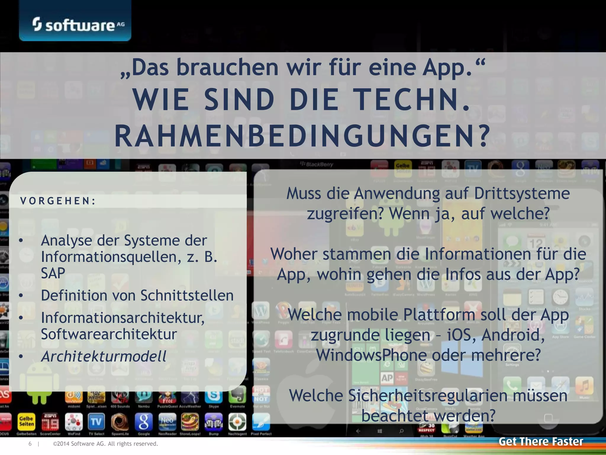 ©2014 Software AG. All rights reserved.6 |
Muss die Anwendung auf Drittsysteme
zugreifen? Wenn ja, auf welche?
Woher stammen die Informationen für die
App, wohin gehen die Infos aus der App?
Welche mobile Plattform soll der App
zugrunde liegen – iOS, Android,
WindowsPhone oder mehrere?
Welche Sicherheitsregularien müssen
beachtet werden?
• Analyse der Systeme der
Informationsquellen, z. B.
SAP
• Definition von Schnittstellen
• Informationsarchitektur,
Softwarearchitektur
• Architekturmodell
V O R G E H E N :
„Das brauchen wir für eine App.“
WIE SIND DIE TECHN.
RAHMENBEDINGUNGEN?
 