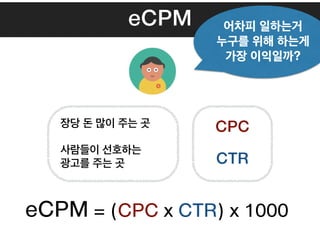 eCPM
장당 돈 많이 주는 곳
사람들이 선호하는 
광고를 주는 곳
어차피 일하는거
누구를 위해 하는게
가장 이익일까?
CPC
CTR
eCPM = (CPC x CTR) x 1000
 