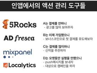 인앱에서의 액션 관리 도구들
A는 결제를 안하니 
- 광고를 많이 보여주자
B는 이제 가입했으니 
- 보너스코인으로 첫 결제를 유도해보자
C는 결제를 많이하니 
- 신작을 추천하자
D는 오랫동안 실행을 안했으니 
- push메시지를 보내자 
- 대상으로 캠페인을 하자
 