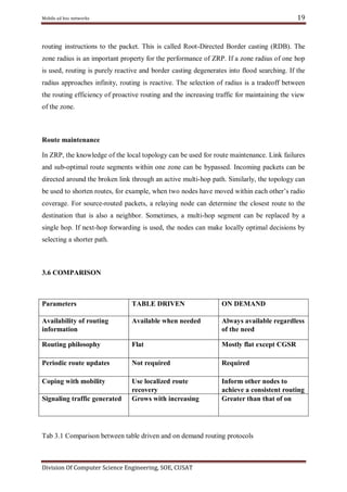19

Mobile ad hoc networks

routing instructions to the packet. This is called Root-Directed Border casting (RDB). The
zone radius is an important property for the performance of ZRP. If a zone radius of one hop
is used, routing is purely reactive and border casting degenerates into flood searching. If the
radius approaches infinity, routing is reactive. The selection of radius is a tradeoff between
the routing efficiency of proactive routing and the increasing traffic for maintaining the view
of the zone.

Route maintenance
In ZRP, the knowledge of the local topology can be used for route maintenance. Link failures
and sub-optimal route segments within one zone can be bypassed. Incoming packets can be
directed around the broken link through an active multi-hop path. Similarly, the topology can
be used to shorten routes, for example, when two nodes have moved within each other‘s radio
coverage. For source-routed packets, a relaying node can determine the closest route to the
destination that is also a neighbor. Sometimes, a multi-hop segment can be replaced by a
single hop. If next-hop forwarding is used, the nodes can make locally optimal decisions by
selecting a shorter path.

3.6 COMPARISON

Parameters

TABLE DRIVEN

ON DEMAND

Availability of routing
information

Available when needed

Always available regardless
of the need

Routing philosophy

Flat

Mostly flat except CGSR

Periodic route updates

Not required

Required

Coping with mobility

Use localized route
recovery
Grows with increasing

Inform other nodes to
achieve a consistent routing
Greater than that of on

Signaling traffic generated

Tab 3.1 Comparison between table driven and on demand routing protocols

Division Of Computer Science Engineering, SOE, CUSAT

 