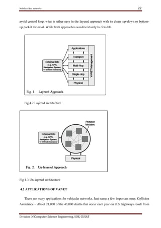 Mobile ad hoc networks

22

avoid control loop, what is rather easy in the layered approach with its clean top-down or bottomup packet traversal. While both approaches would certainly be feasible.

Fig 4.2 Layered architecture

Fig 4.3 Un-layered architecture
4.2 APPLICATIONS OF VANET
There are many applications for vehicular networks. Just name a few important ones: Collision
Avoidance – About 21,000 of the 43,000 deaths that occur each year on U.S. highways result from

Division Of Computer Science Engineering, SOE, CUSAT

 