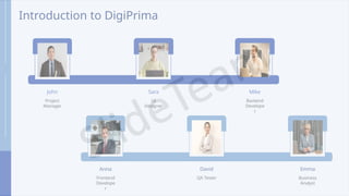Introduction to DigiPrima
John
Project
Manager
Sara
UI
Designer
Mike
Backend
Develope
r
Anna
Frontend
Develope
r
David
QA Tester
Emma
Business
Analyst
 