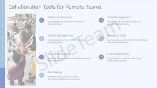 Collaboration Tools for Remote Teams
01
Video Conferencing
Utilize platforms like Zoom for effective
team meetings.
02
Project Management
Leverage tools such as Trello for tracking
project progress.
03
Instant Messaging
Use Slack for real-time communication among
team members.
04
File Sharing
Implement Google Drive for easy
document collaboration and access.
05
Time Management
Adopt Harvest for time tracking and
productivity monitoring.
06
Feedback Tools
Use SurveyMonkey to collect team feedback
and improve processes.
07
Code Repositories
Utilize GitHub for version control and
collaborative coding.
 
