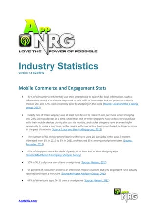 Industry Statistics
Version 1.4 5/23/2012




Mobile Commerce and Engagement Stats
  •     47% of consumers confirm they use their smartphone to search for local information, such as
      information about a local store they want to visit. 46% of consumers look up prices on a store’s
      mobile site, and 42% check inventory prior to shopping in the store (Source: Local and the e-tailing
      group, 2012)

  •     Nearly two of three shoppers use at least one device to research and purchase while shopping,
      and 28% use two devices at a time. More than one in three shoppers made at least one purchase
      with their mobile devices during the past six months, and tablet shoppers have an even higher
      propensity to make a purchase on the device, with one in four having purchased six times or more
      in the past six months (Source: Local and the e-tailing group, 2012)

  •     The number of US mobile phone owners who have used 2D barcodes in the past 3 months
      increased from 1% in 2010 to 5% in 2011 and reached 15% among smartphone users (Source:
      Forrester, 2011)

  •     62% of shoppers search for deals digitally for at least half of their shopping trips
      (Source:GMA/Booz & Company Shopper Survey)

  •    50% of U.S. cellphone users have smartphones (Source: Nielsen, 2012)

  •    55 percent of consumers express an interest in mobile coupons but only 10 percent have actually
      received one from a merchant (Source:Mercator Advisory Group, 2012)

  •    66% of Americans ages 24-35 own a smartphone (Source: Nielsen, 2012)




AppNRG.com
 