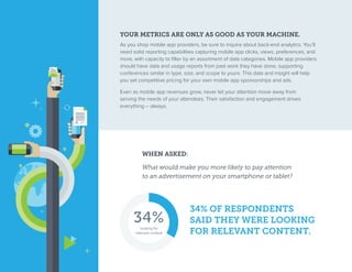 YOUR METRICS ARE ONLY AS GOOD AS YOUR MACHINE.
As you shop mobile app providers, be sure to inquire about back-end analytics. You’ll
need solid reporting capabilities capturing mobile app clicks, views, preferences, and
more, with capacity to filter by an assortment of data categories. Mobile app providers
should have data and usage reports from past work they have done, supporting
conferences similar in type, size, and scope to yours. This data and insight will help
you set competitive pricing for your own mobile app sponsorships and ads.
Even as mobile app revenues grow, never let your attention move away from
serving the needs of your attendees. Their satisfaction and engagement drives
everything – always.
WHEN ASKED:
What would make you more likely to pay attention
to an advertisement on your smartphone or tablet?
34% OF RESPONDENTS
SAID THEY WERE LOOKING
FOR RELEVANT CONTENT.
34%looking for
relevant content
 