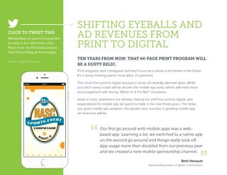 SHIFTING EYEBALLS AND
AD REVENUES FROM
PRINT TO DIGITAL
TEN YEARS FROM NOW, THAT 64-PAGE PRINT PROGRAM WILL
BE A DUSTY RELIC.
Print programs won’t disappear, but they’ll sure be a whole a lot thinner in the future.
It’s a savvy meeting spend move (plus, it’s greener).
The move from print to digital requires a series of carefully planned steps. While
your tech-savvy crowd will be all over the mobile app early, others will need more
encouragement with strong “What’s In It For Me?” incentives.
Keep in mind, advertisers are already making the shift from print to digital, with
expectations for mobile app ad spend to triple in the next three years. The faster
you grow mobile app adoption, the greater your success in growing mobile app
ad revenues will be.
Our first go around with mobile apps was a web-
based app. Learning a lot, we switched to a native app
on the second go around and things really took off.
App usage more than doubled from our previous year
and we created a new mobile sponsorship channel.
Beth Hecquet
National Association of Sports Commissions
Source: Juniper Research
CLICK TO TWEET THIS
#MobileApp ad spend is expected
to triple in the next three years.
Read more via @CrowdCompass:
http://bit.ly/1XQgyr6 #eventapps
 