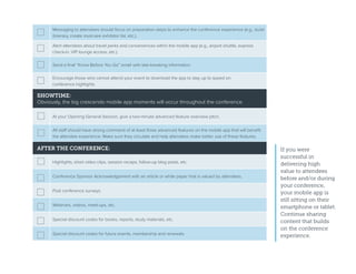Messaging to attendees should focus on preparation steps to enhance the conference experience (e.g., build
itinerary, create must-see exhibitor list, etc.).
Alert attendees about travel perks and conveniences within the mobile app (e.g., airport shuttle, express
check-in, VIP lounge access, etc.).
Send a final “Know Before You Go” email with late-breaking information.
Encourage those who cannot attend your event to download the app to stay up to speed on
conference highlights.
SHOWTIME:
Obviously, the big crescendo mobile app moments will occur throughout the conference.
At your Opening General Session, give a two-minute advanced feature overview pitch.
All staff should have strong command of at least three advanced features on the mobile app that will benefit
the attendee experience. Make sure they circulate and help attendees make better use of these features.
AFTER THE CONFERENCE:
Highlights, short video clips, session recaps, follow-up blog posts, etc.
Conference Sponsor Acknowledgement with an article or white paper that is valued by attendees.
Post conference surveys.
Webinars, videos, meet-ups, etc.
Special discount codes for books, reports, study materials, etc.
Special discount codes for future events, membership and renewals.
If you were
successful in
delivering high
value to attendees
before and/or during
your conference,
your mobile app is
still sitting on their
smartphone or tablet.
Continue sharing
content that builds
on the conference
experience.
 