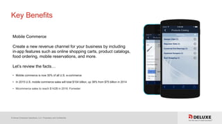 © Deluxe Enterprise Operations, LLC. Proprietary and Confidential.
Key Benefits
Mobile Commerce
Create a new revenue channel for your business by including
in-app features such as online shopping carts, product catalogs,
food ordering, mobile reservations, and more.
Let’s review the facts…
• Mobile commerce is now 30% of all U.S. e-commerce
• In 2015 U.S. mobile commerce sales will total $104 billion, up 38% from $75 billion in 2014
• Mcommerce sales to reach $142B in 2016: Forrester
 