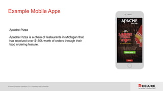 © Deluxe Enterprise Operations, LLC. Proprietary and Confidential.
Example Mobile Apps
Apache Pizza
Apache Pizza is a chain of restaurants in Michigan that
has received over $150k worth of orders through their
food ordering feature.
 