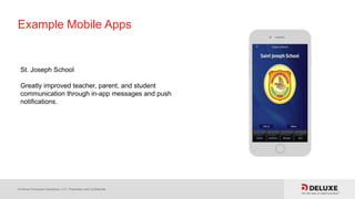 © Deluxe Enterprise Operations, LLC. Proprietary and Confidential.
Example Mobile Apps
St. Joseph School
Greatly improved teacher, parent, and student
communication through in-app messages and push
notifications.
 