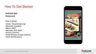 © Deluxe Enterprise Operations, LLC. Proprietary and Confidential.
How To Get Started
Example App:
Restaurant
How to Build:
•Order (Food Ordering)
•Rewards (Loyalty)
•Menu (PDF)
•Reviews (Fan Wall)
•Events (Events)
•Food Photos (Image Gallery)
•Push Notifications
 