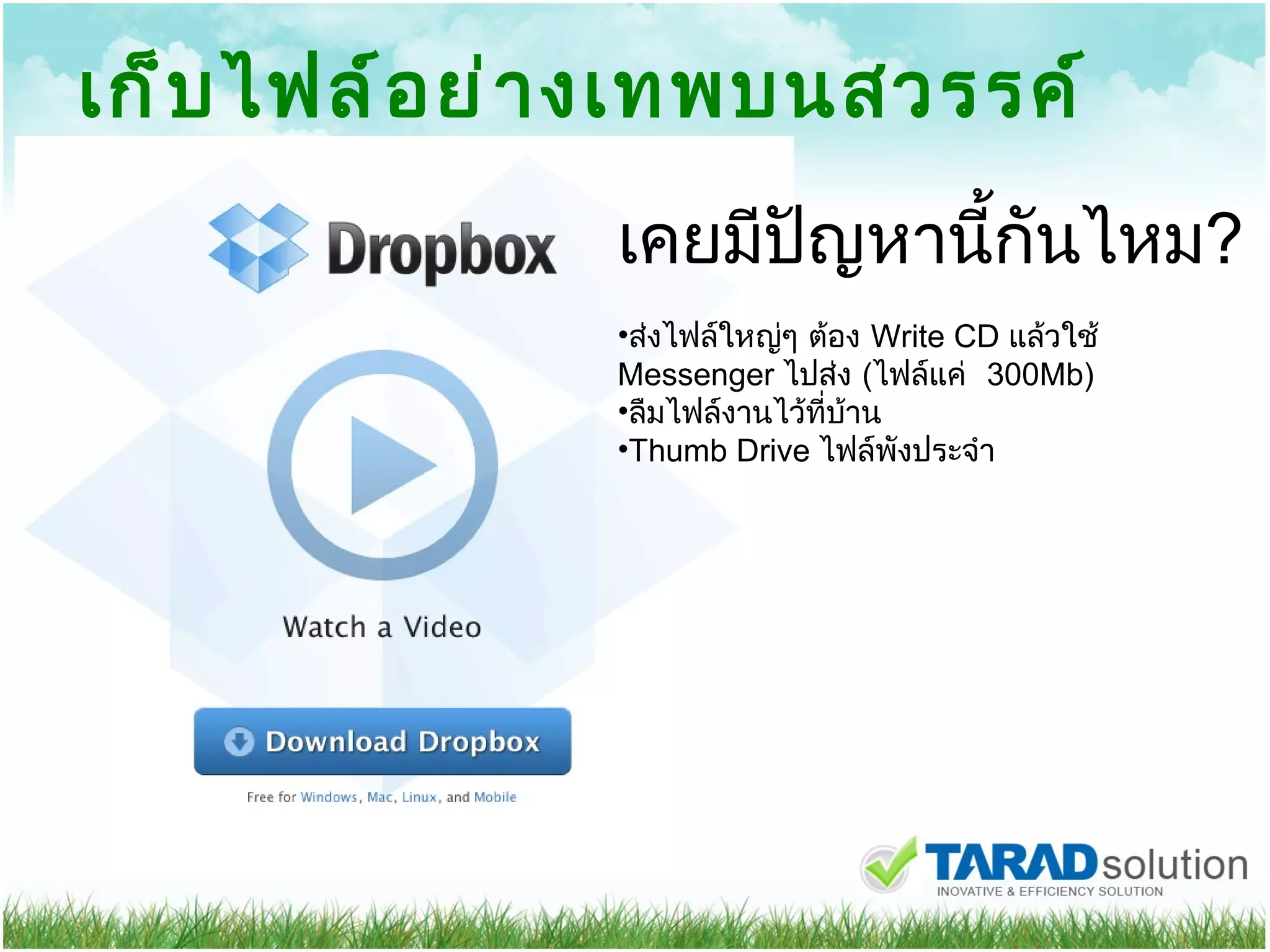 เก็บไฟล์อย่างเทพบนสวรรค์ เคยมีปัญหานี้กันไหม ? ส่งไฟล์ใหญ่ๆ ต้อง  Write CD  แล้วใช้  Messenger  ไปส่ง  ( ไฟล์แค่  300Mb) ลืมไฟล์งานไว้ที่บ้าน Thumb Drive  ไฟล์พังประจำ 