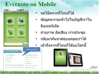 Evernote on Mobile รองรับหลายระบบ จดโน็ตจากที่ไหนก็ได้ ข้อมูลจะรวมเข้าไปในบัญชีเราในอินเทอร์เน็ต ถ่ายภาพ อัดเสียง การประชุม กลับมาค้นหาต่อบนคอมเราได้ เข้าถึงจากที่ไหนก็ได้บนโลกนี้ 