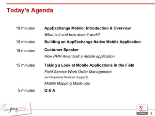 Today’s Agenda Taking a Look at Mobile Applications in the Field Field Service Work Order Management  (w/ Peripheral Scanner Support) Mobile Mapping Mash-ups 15 minutes Q & A 5 minutes Customer Speaker  How PHH Arval built a mobile application 15 minutes Building an AppExchange Native Mobile Application 15 minutes AppExchange Mobile: Introduction & Overview What is it and how does it work? 10 minutes  