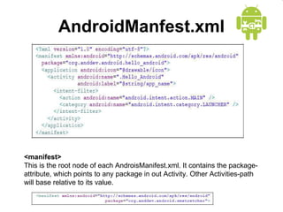 AndroidManfest.xml <manifest>  This is the root node of each AndroisManifest.xml. It contains the package-attribute, which points to any package in out Activity. Other Activities-path will base relative to its value. 