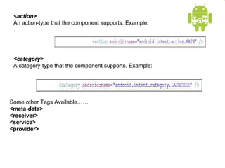 <action>  An action-type that the component supports. Example: . <category>  A category-type that the component supports. Example: Some other Tags Available…… <meta-data> <receiver>  <service>  <provider> 